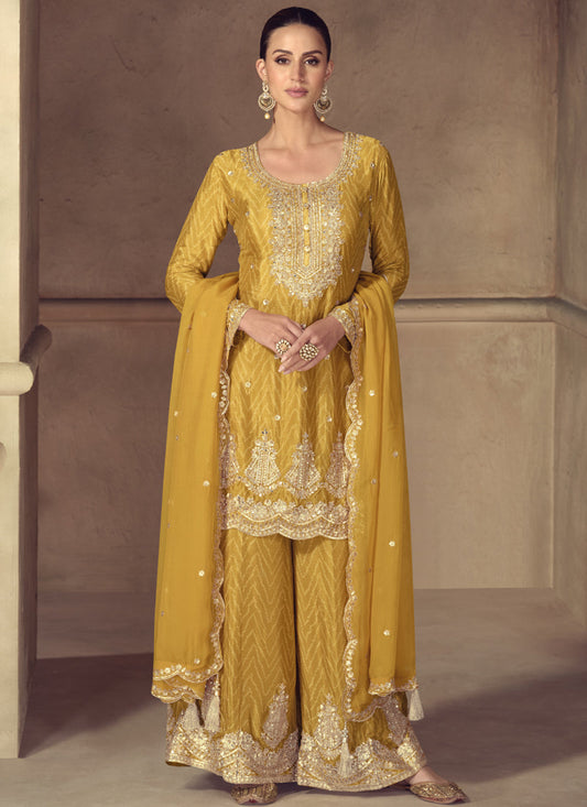 Vegaa Fashion Yellow Real Chinon Digital Print Palazzo Suit - Swadesiicart