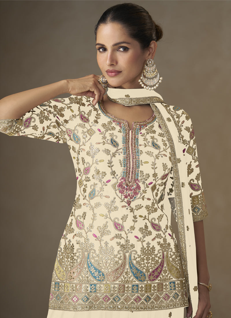 Vegaa Fashion Off White Chinon Embroidered Designer Palazzo Suit - Swadesiicart