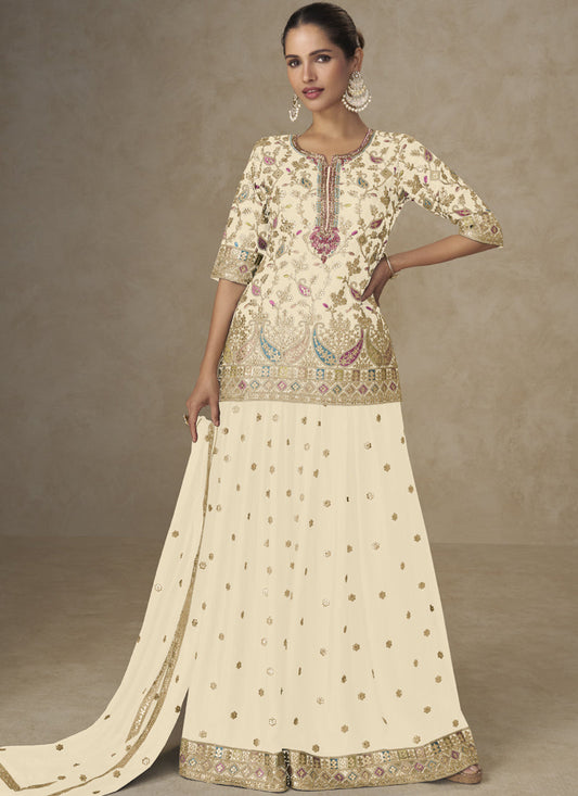 Vegaa Fashion Off White Chinon Embroidered Designer Palazzo Suit - Swadesiicart