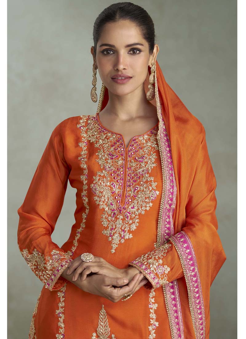 Vegaa Fashion Orange Chinon Embroidered Designer Palazzo Suit - Swadesiicart