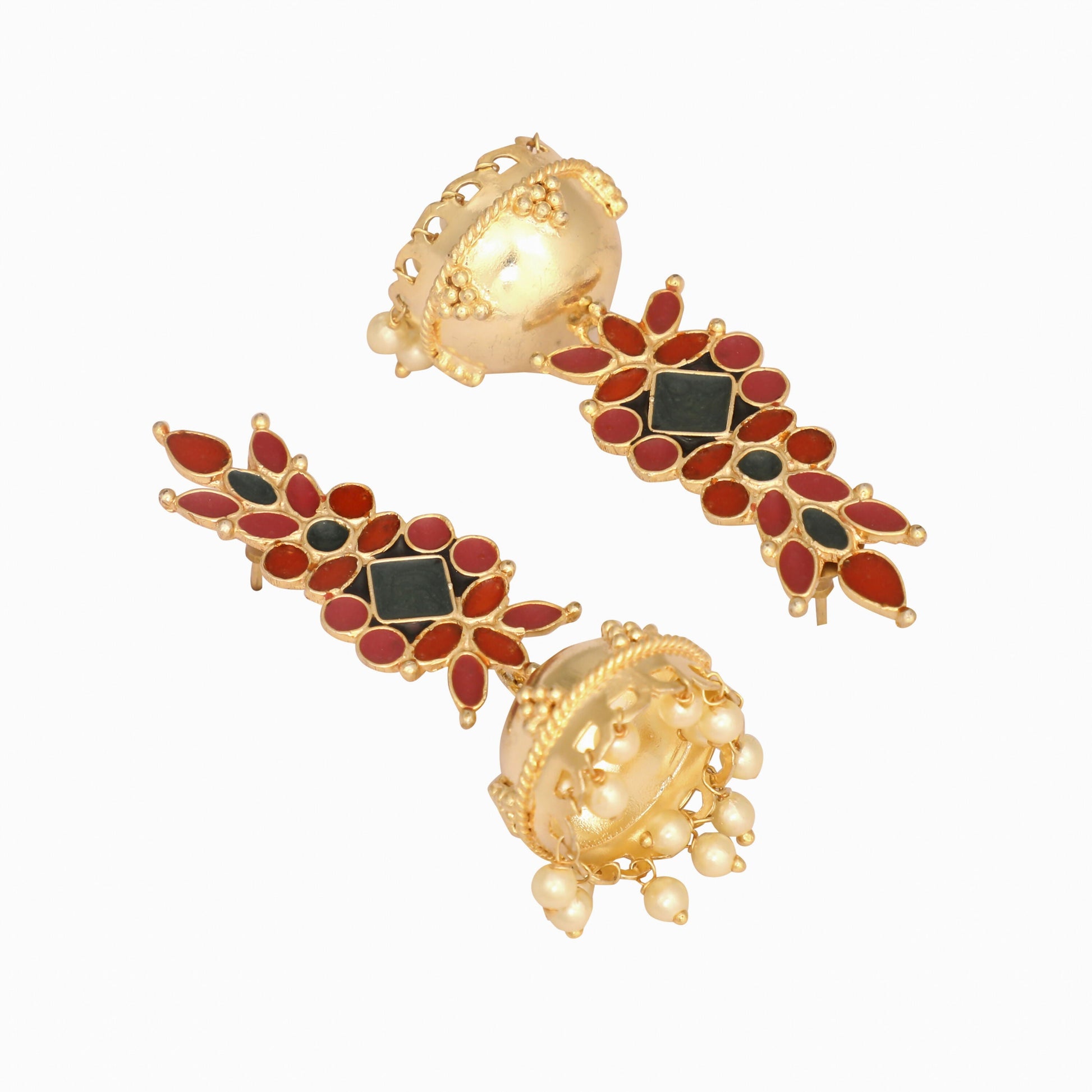 Nuyug 22K Gold-Plated Enamel & Beaded Dome Shaped Jhumka Earrings | Swadesiicart