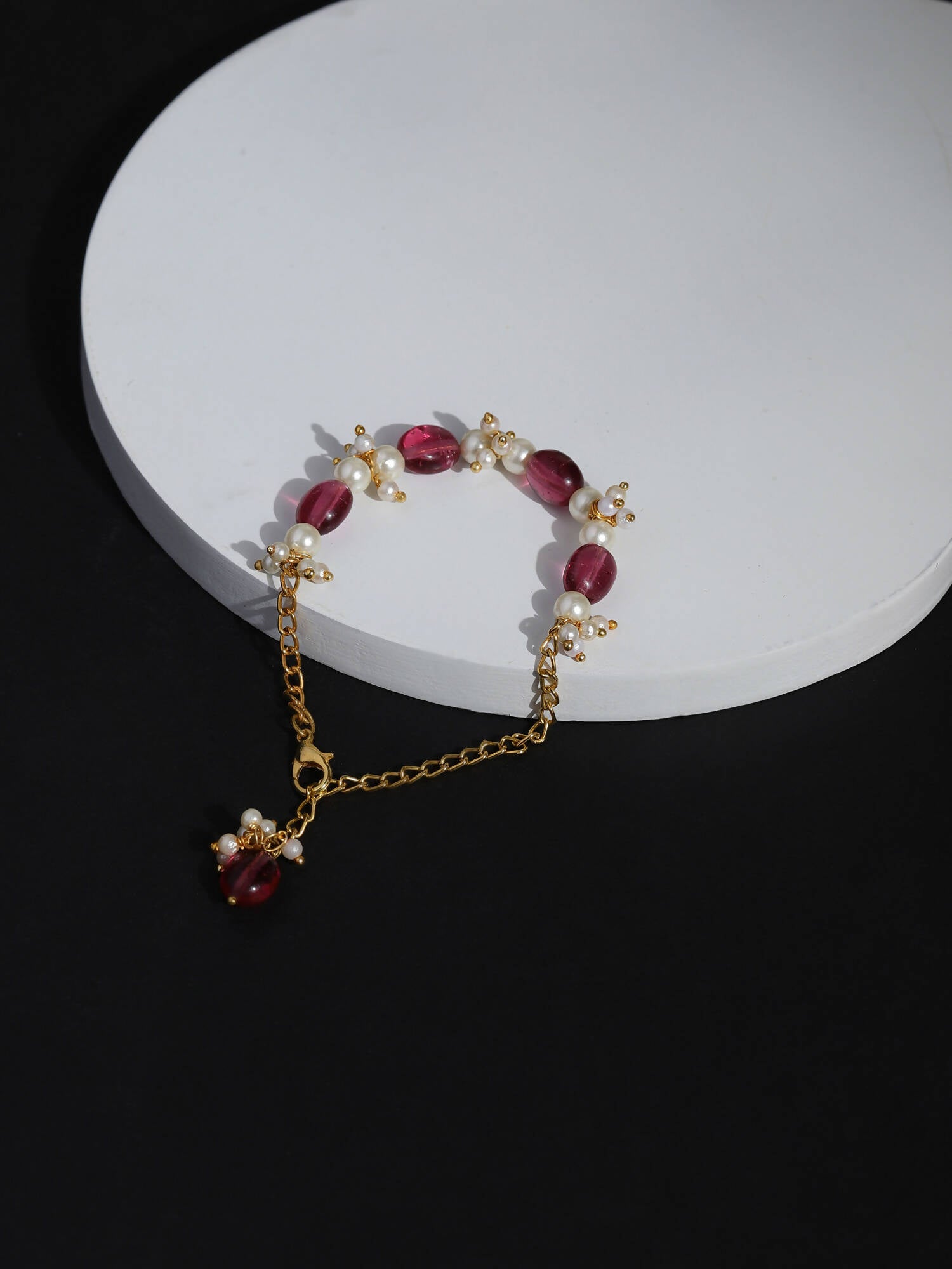 Women's Gold-Toned White Brass Kundan Gold-Polished Link Bracelet - Ruby Raang - Swadesiicart