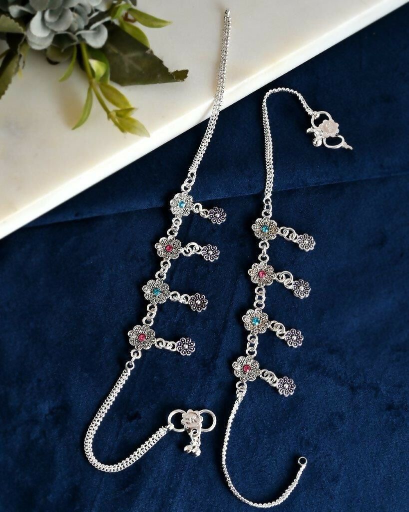 VOJ Set of 2 Silver Plated Flower Shaped Meenakari Anklet - Swadesiicart