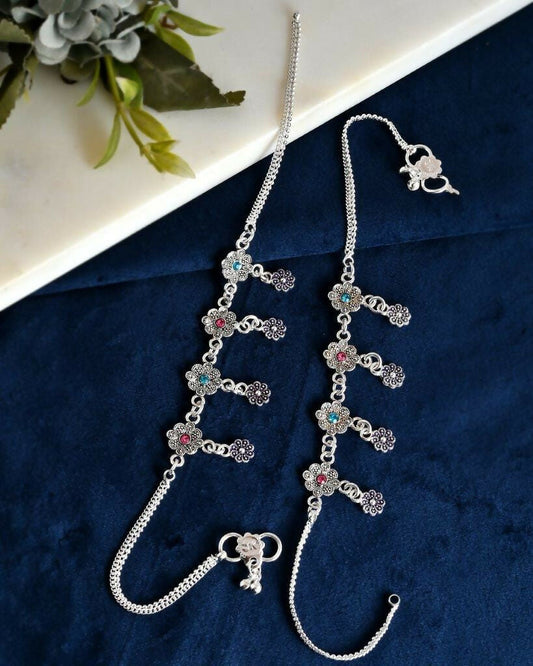 VOJ Set of 2 Silver Plated Flower Shaped Meenakari Anklet - Swadesiicart