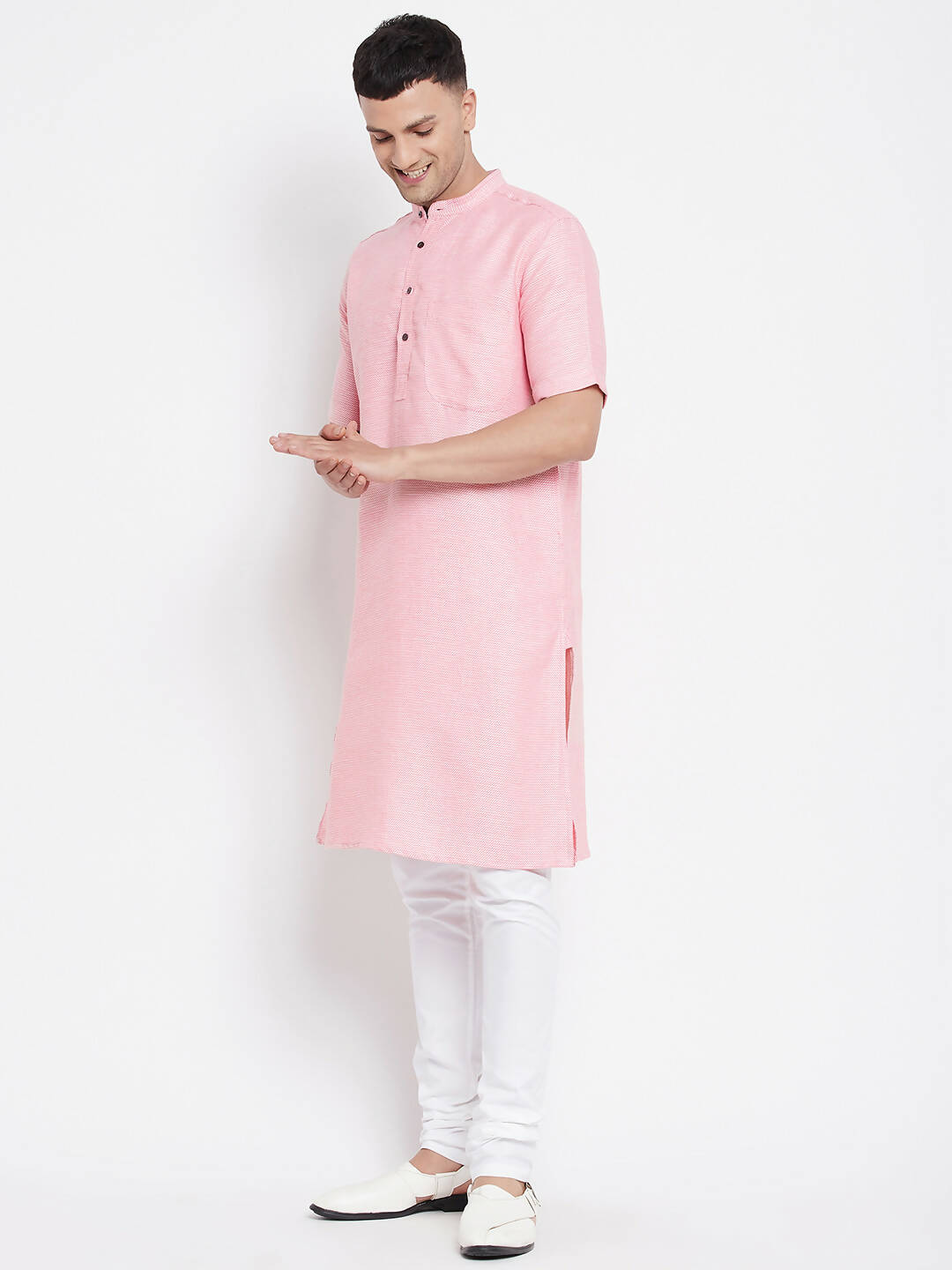 Even Apparels Pink Pure Cotton Men's H/S Kurta With Band Collar | Swadesiicart