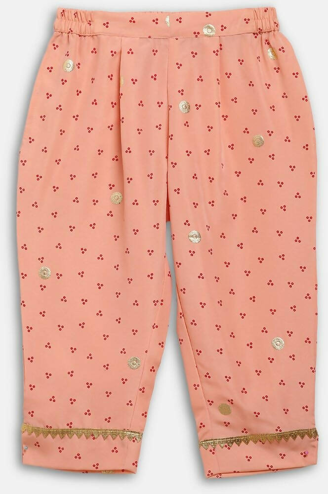 Ahalyaa Peach Crepe Gold Printed Kids Kurta Sets With Dupatta For Girls | Swadesiicart