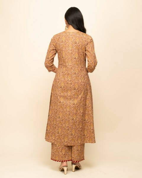 FIORRA Women's Brown Cotton A-Line Kurta Pant With Dupatta - Swadesiicart