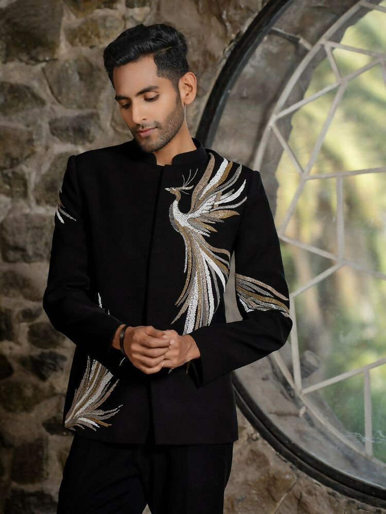 Black Bandhgala Elegance – Peacock Embroidery by Hilo Design