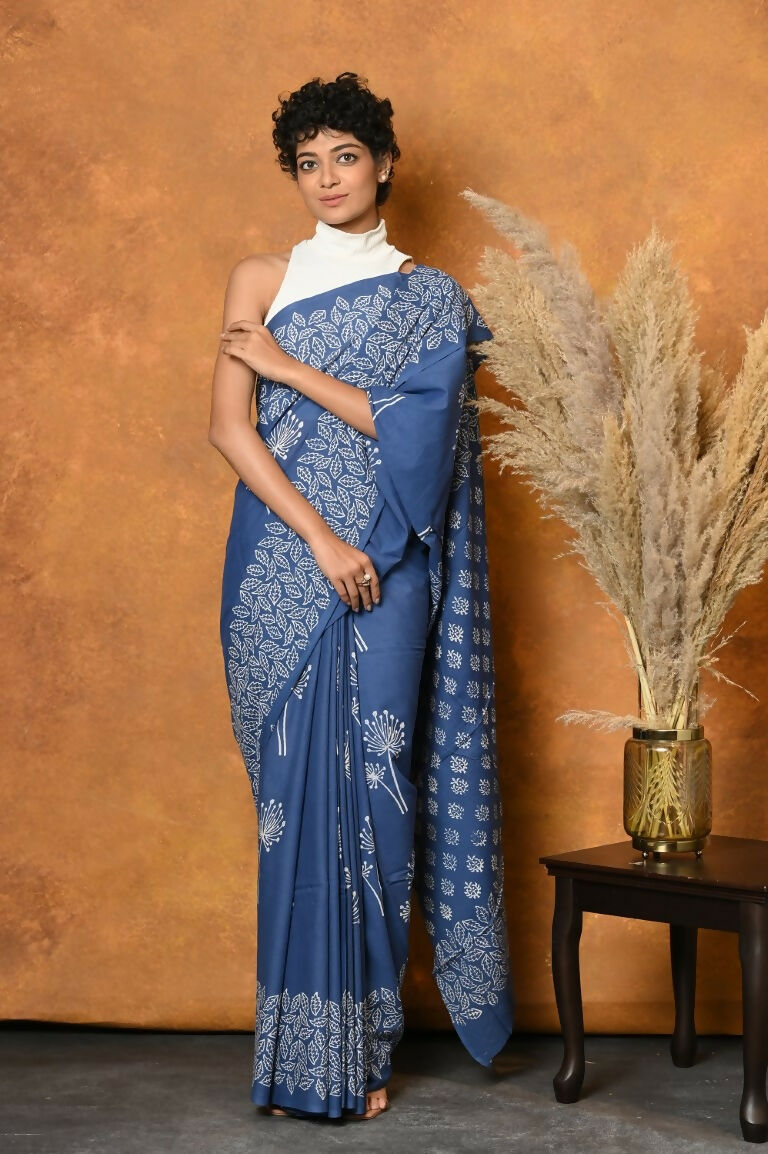 Very Much Indian Handblock Printed Cotton Saree With Natural Dyes - Cyan Blue | Swadesiicart