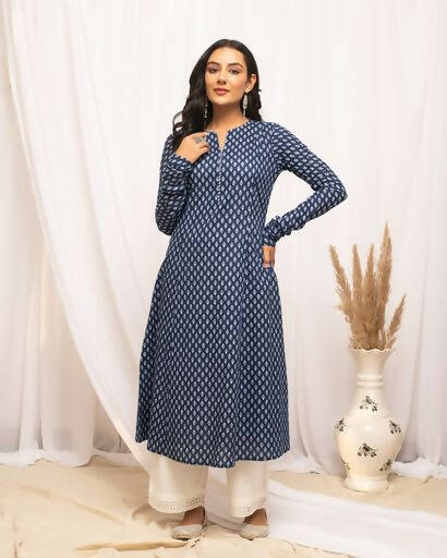 FIORRA Women's Floral Printed Navy Blue Cotton A-Line Kurta - Swadesiicart