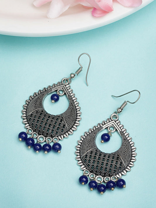 NVR Women's Silver-Plated Artificial Beads German Silver Oxidised Chandbali Earrings - Swadesiicart