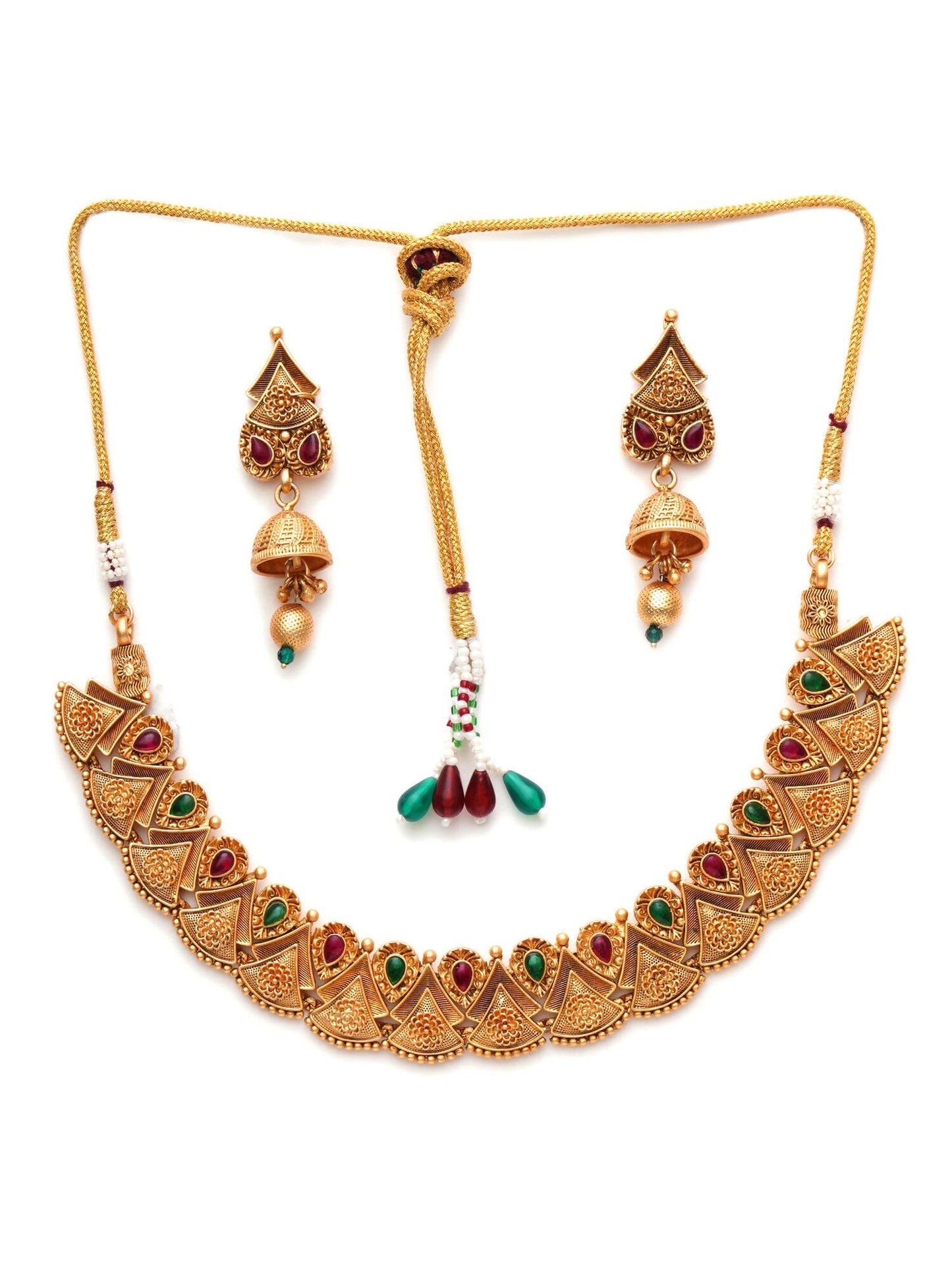 Temple Choker with Matching Jhumki Jewellery Set (Gold) - Ruby Raang - Swadesiicart