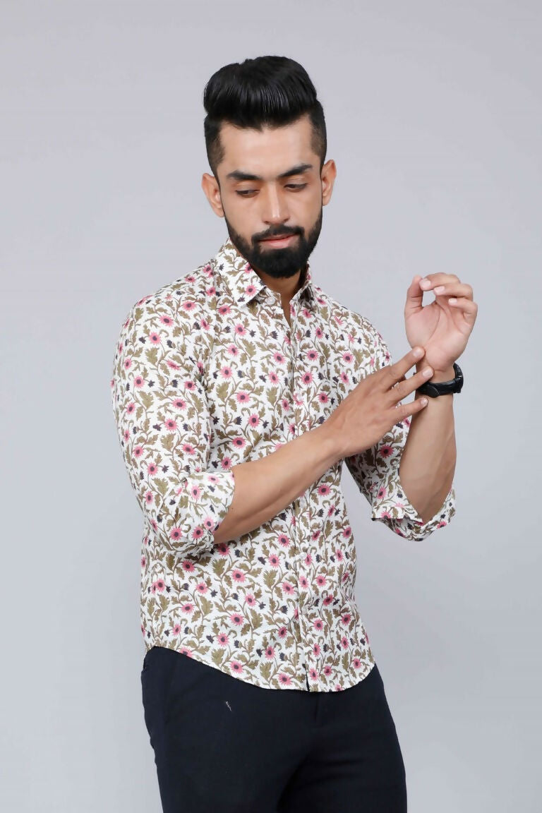 Miravan Men's Cotton Printed Full Sleeve Slim Fit Spread Neck White & Pink Colour Shirt | Swadesiicart
