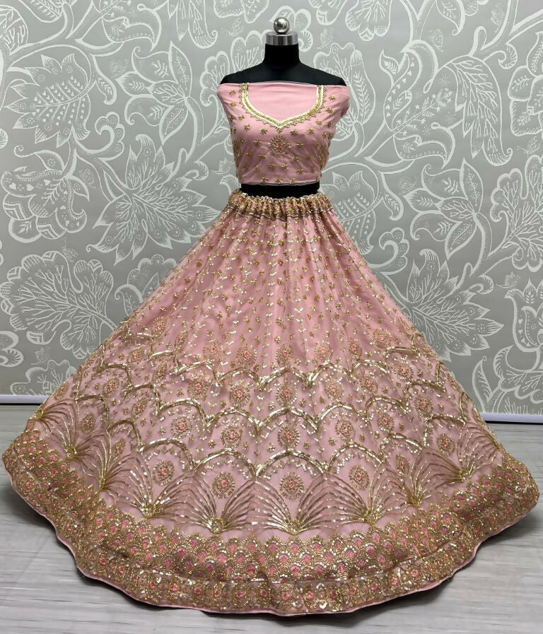 Jyoti Fashion Women's Pink Bridal Net Fancy Sequins with Multi Thread Embroidered & Handwork Wedding Lehenga Choli | Swadesiicart