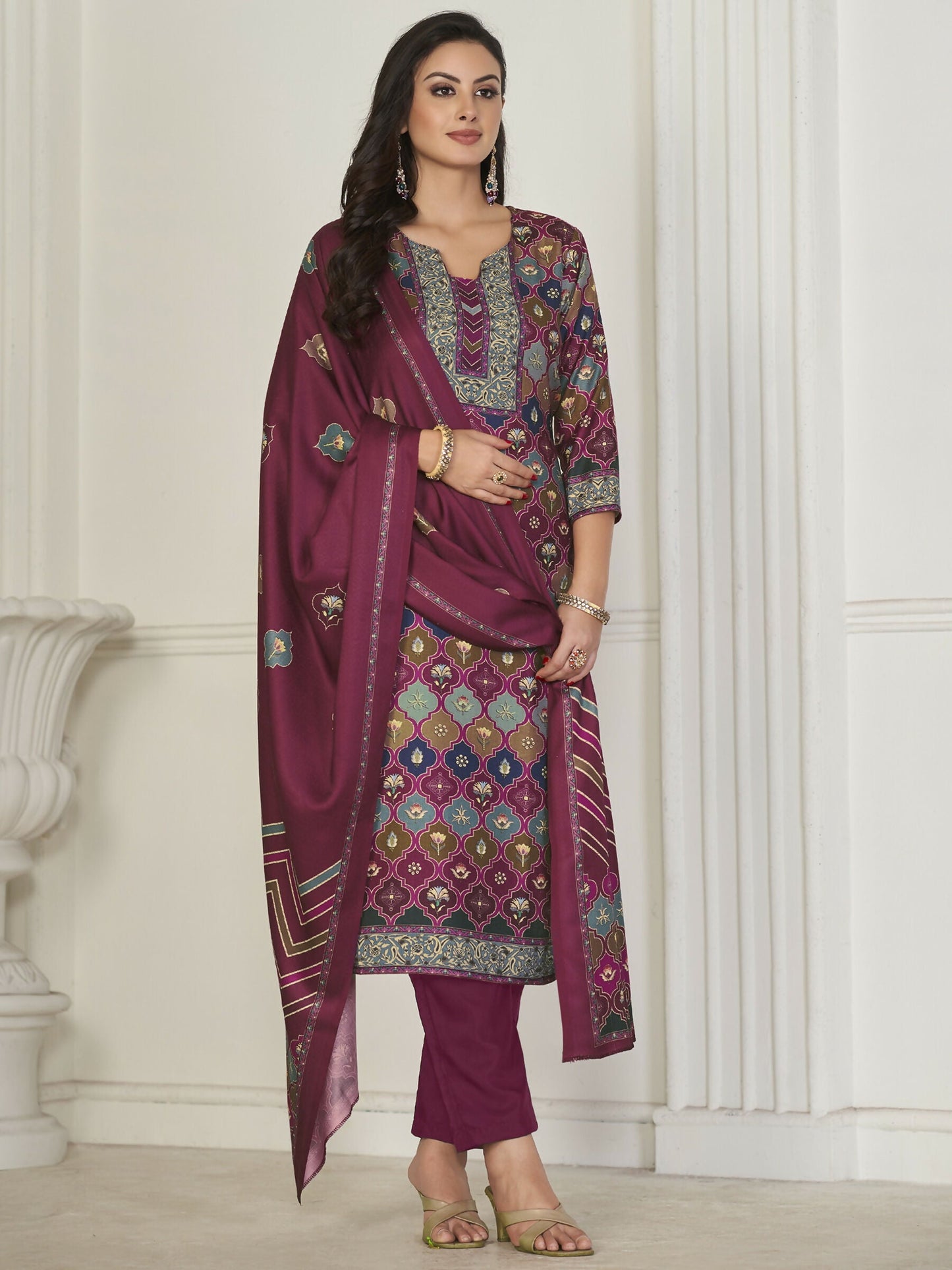 Jyoti Fashion Women's Multicolor Pashmina Digital Printed Kurta with Trouser & Dupatta | Swadesiicart