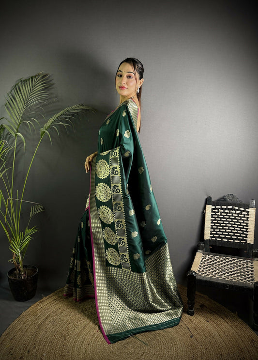 Joban Fashion Dark Green Banarasi Soft Lichi Silk Paisley Saree | Swadesiicart