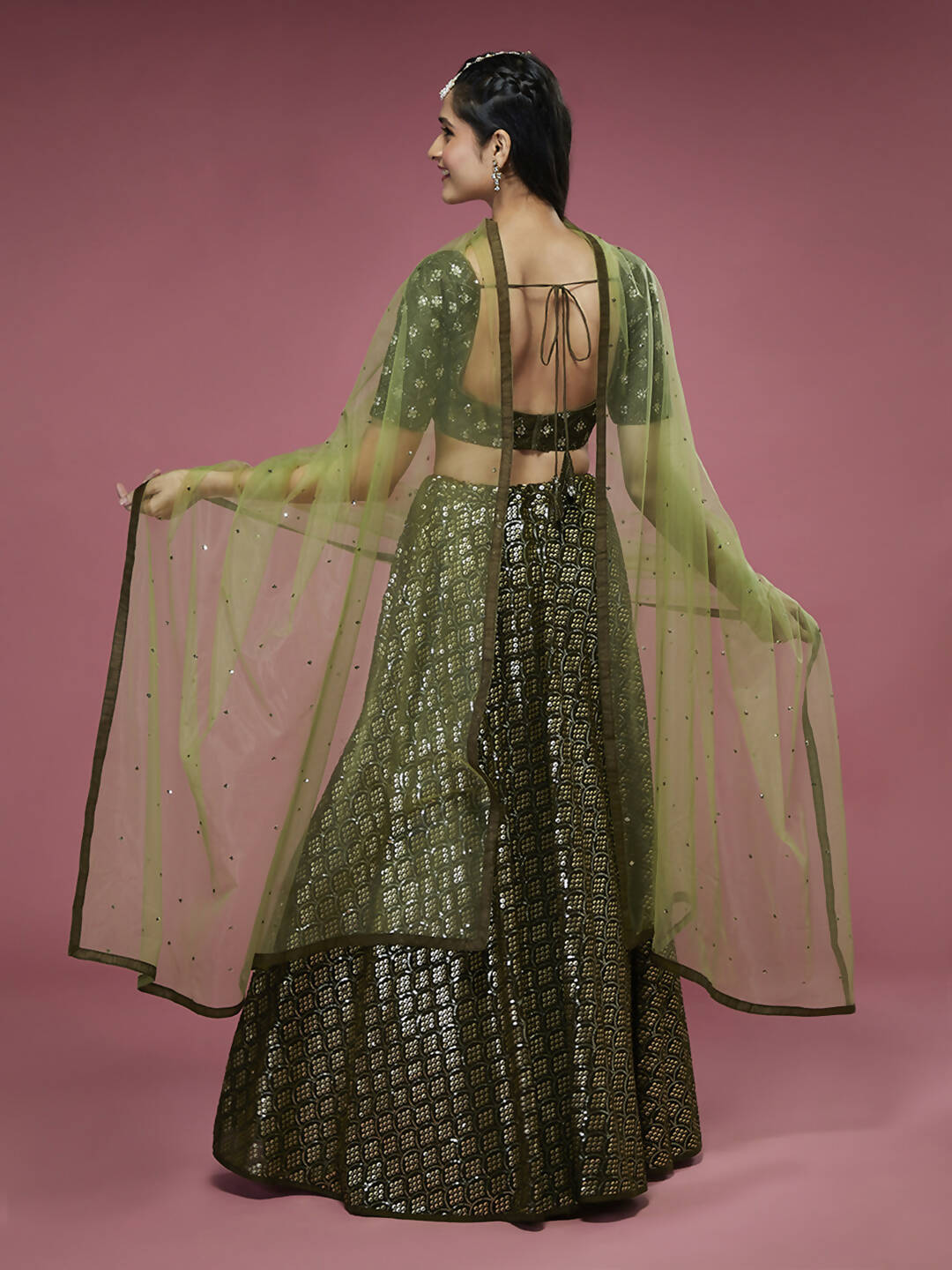 House of Panchhi Olive Georgette Sequinse Embroidered Lehenga & Blouse with Dupatta | Swadesiicart