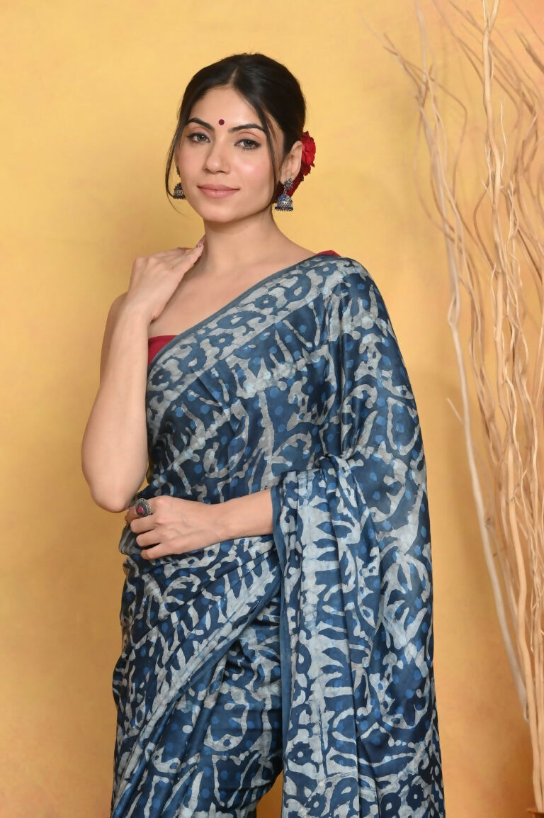 Very Much Indian Modal Silk Ajrakh Handblock Printed Natural Dyes Sleek Border Saree - Powder Blue | Swadesiicart