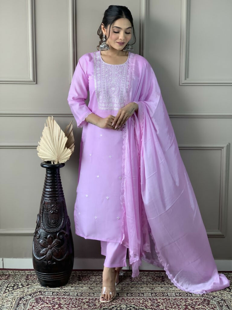 Lavender Viscose Chanderi Stitched Suit With Dupatta - Tanisha | Swadesiicart