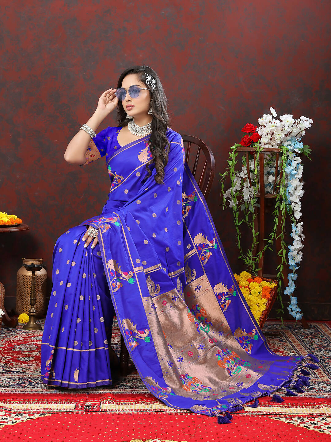 Lorenvalley Fashion Blue Soft Paithani Silk Woven Design Copper Zari Meenakari Weaving Saree - Swadesiicart