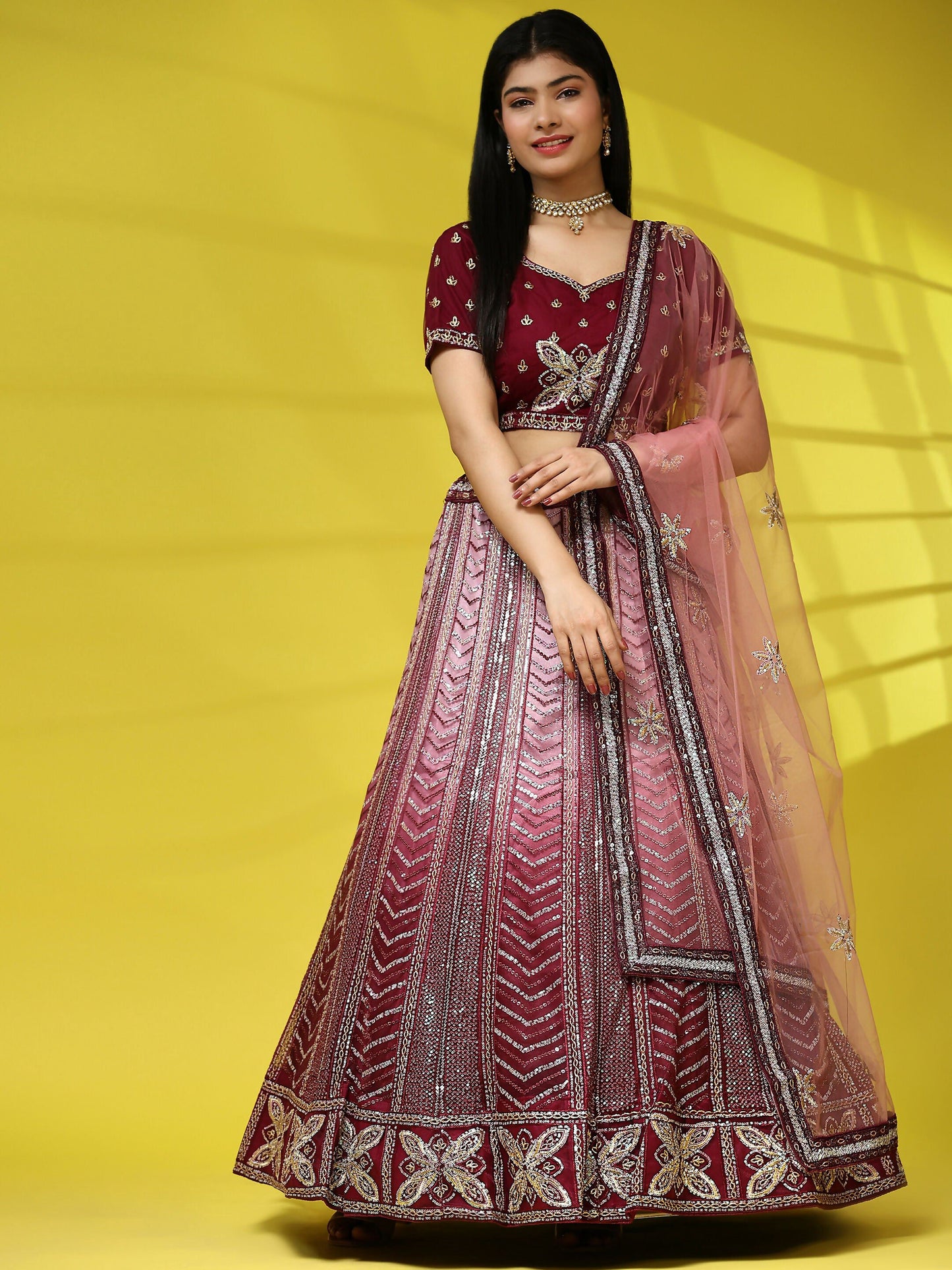 Maroon Fancy Net Sequence Embroidered Lehenga Choli with Dupatta - Dhara | Swadesiicart