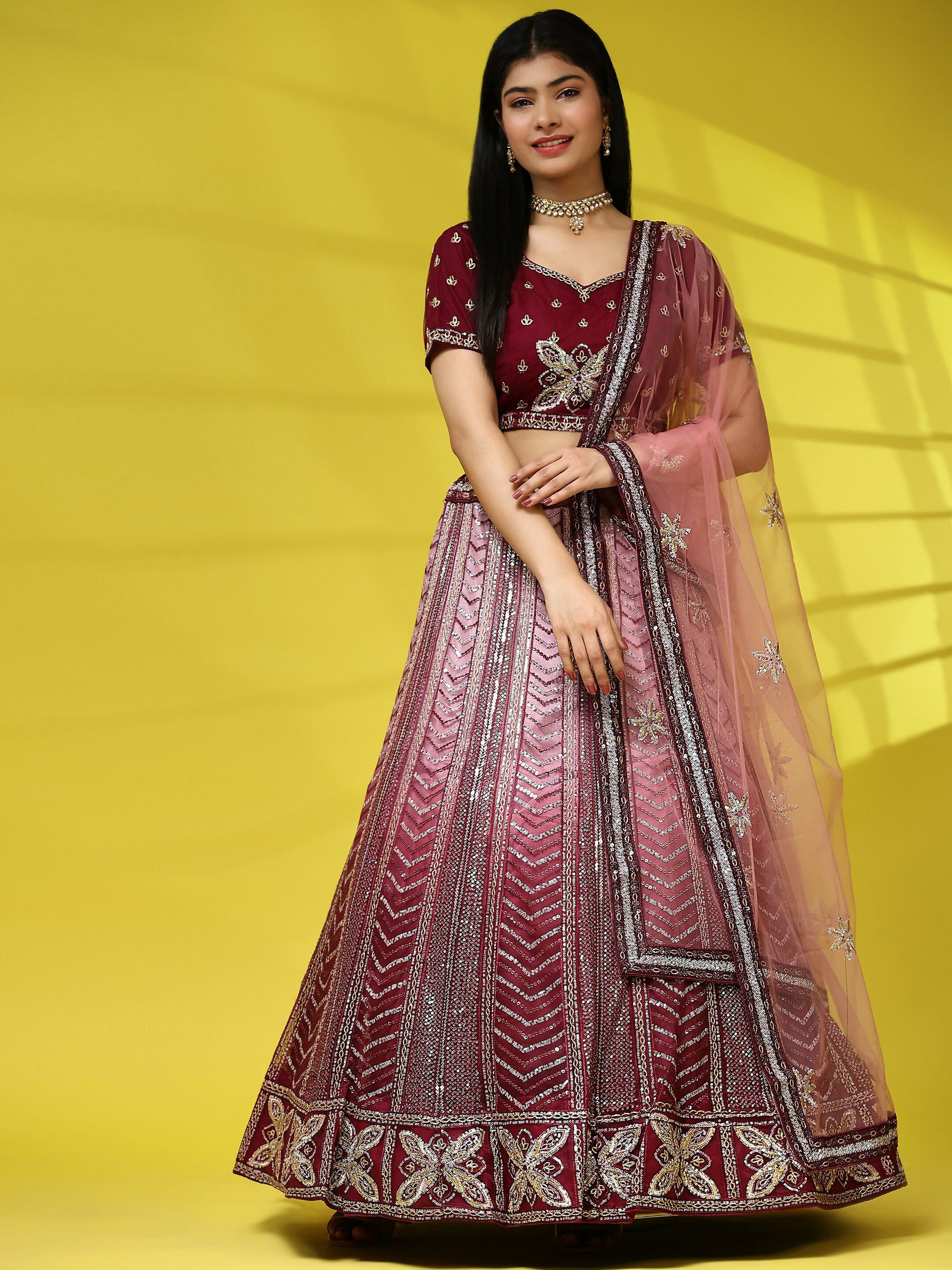 Maroon Fancy Net Sequence Embroidered Lehenga Choli with Dupatta - Dhara | Swadesiicart