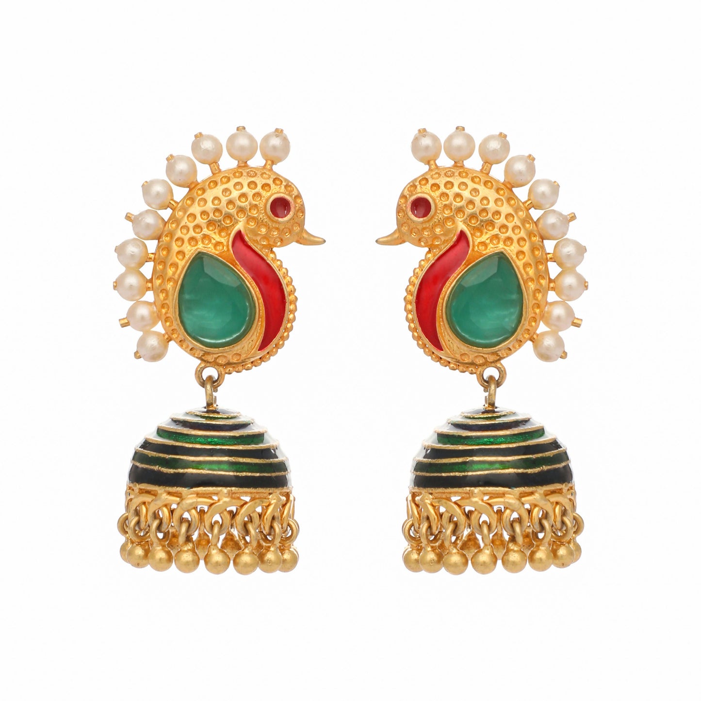 Nuyug 22K Gold Plated Pearls Studded Contemporary Shaped Enamel Jhumkas | Swadesiicart