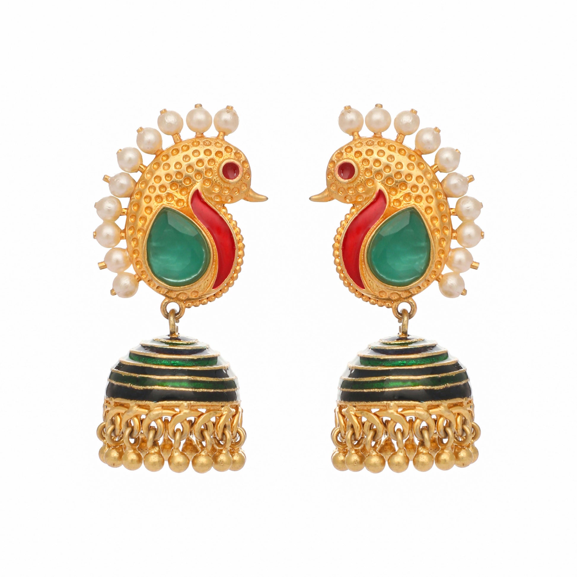 Nuyug 22K Gold Plated Pearls Studded Contemporary Shaped Enamel Jhumkas | Swadesiicart