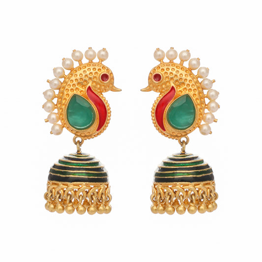 Nuyug 22K Gold Plated Pearls Studded Contemporary Shaped Enamel Jhumkas | Swadesiicart