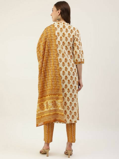 FIORRA Women's Yellow Cotton Straight Kurta Pant With Dupatta - Swadesiicart