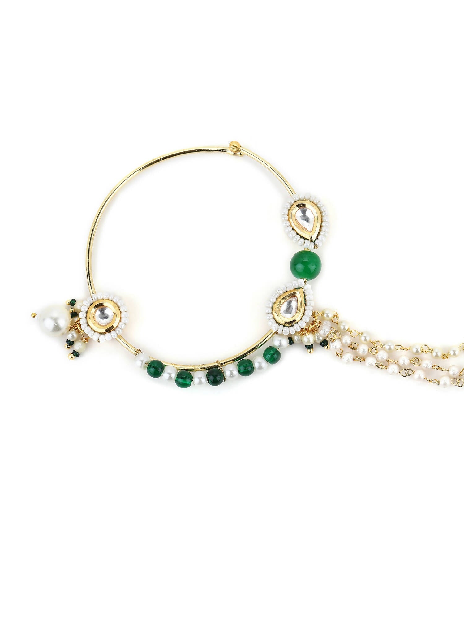 Gold-Polished White Green Kundan-Studded Pearl Beaded Nosepin - Ruby Raang | Swadesiicart