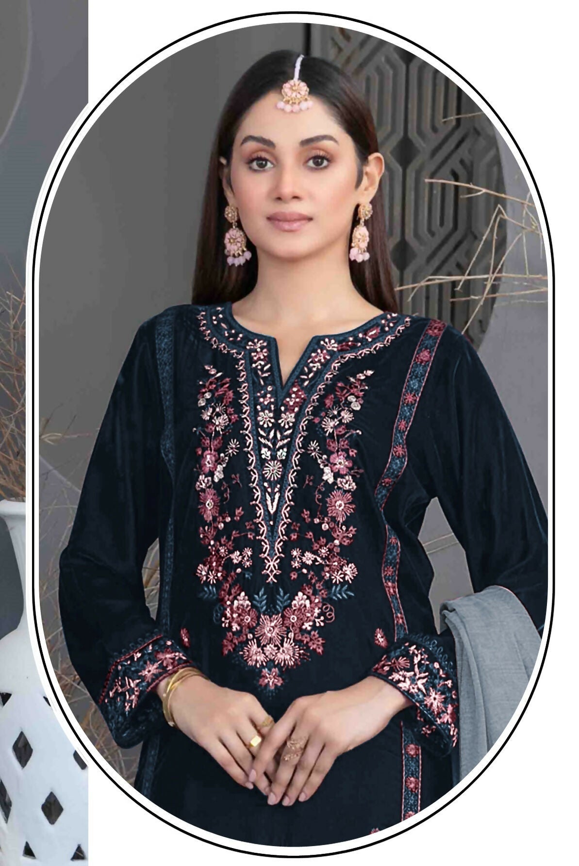 Anaita Navy Blue Velvet Suit with Embroidery Sequence Work - Swadesiicart