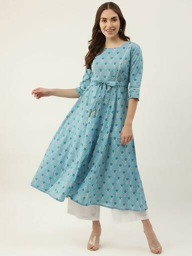 FIORRA Women's Sky Blue Cotton Kurta - Swadesiicart