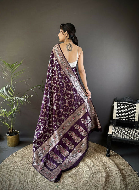 Joban Fashion Purple Meenakari Banarasi Silk Sarees | Swadesiicart