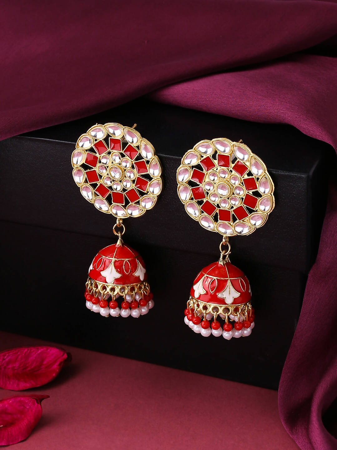 NVR Women Gold-Polished Red Dome Shaped Meenkari Jhumkas Earrings | Swadesiicart