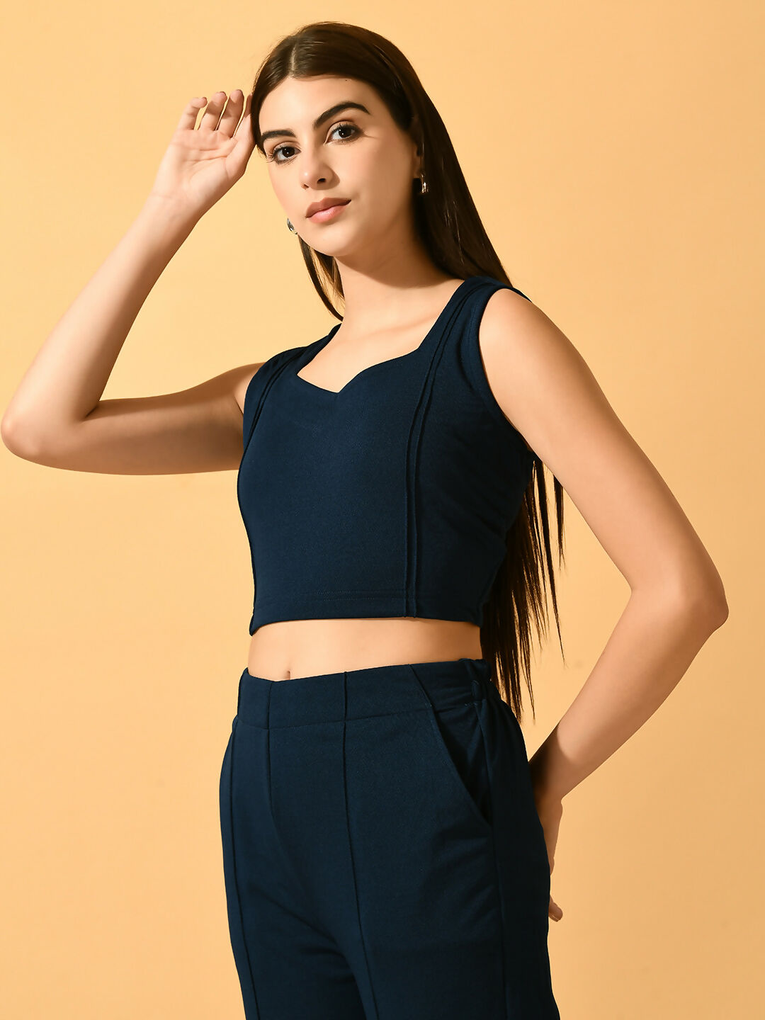 Myshka Women's Navy Blue Solid Top With Trousers - Swadesiicart