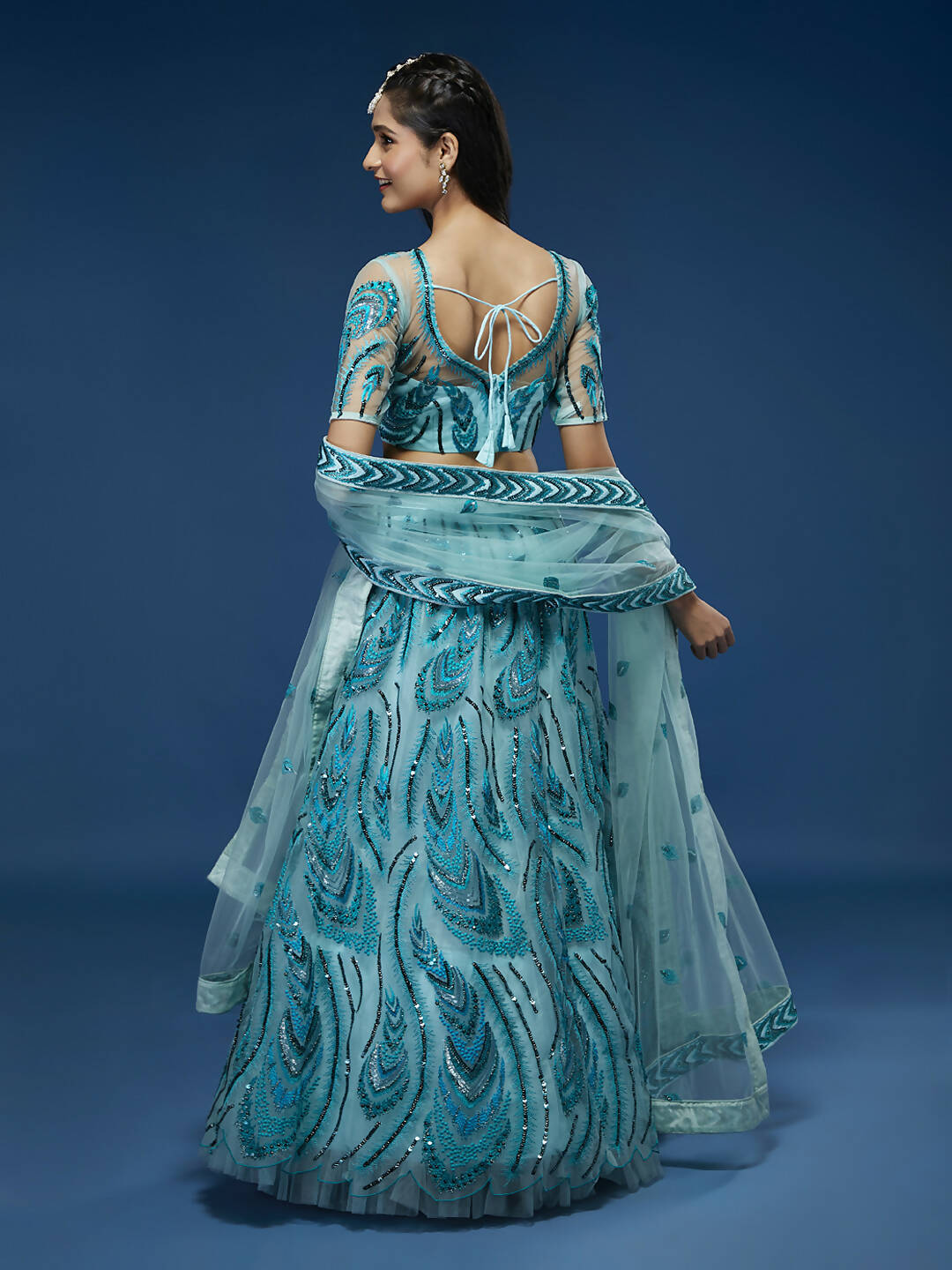 House of Panchhi Seagreen Net Sequins Embroidered Lehenga & Blouse with Dupatta | Swadesiicart