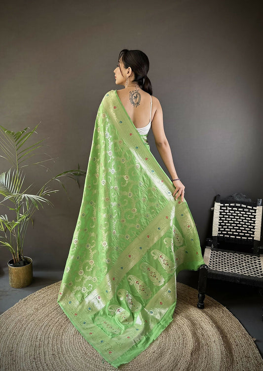 Joban Fashion Pista Green Meenakari Banarasi Silk Sarees | Swadesiicart