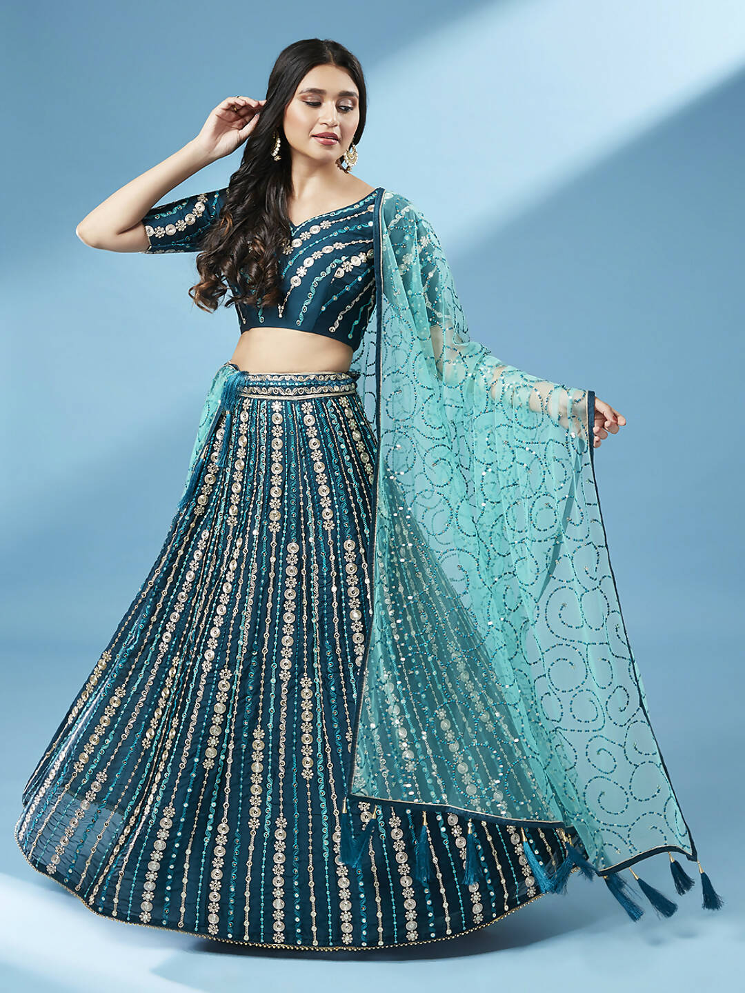 House of Panchhi Teal Pure Georgette Sequinse Work Lehenga & Blouse with Dupatta | Swadesiicart