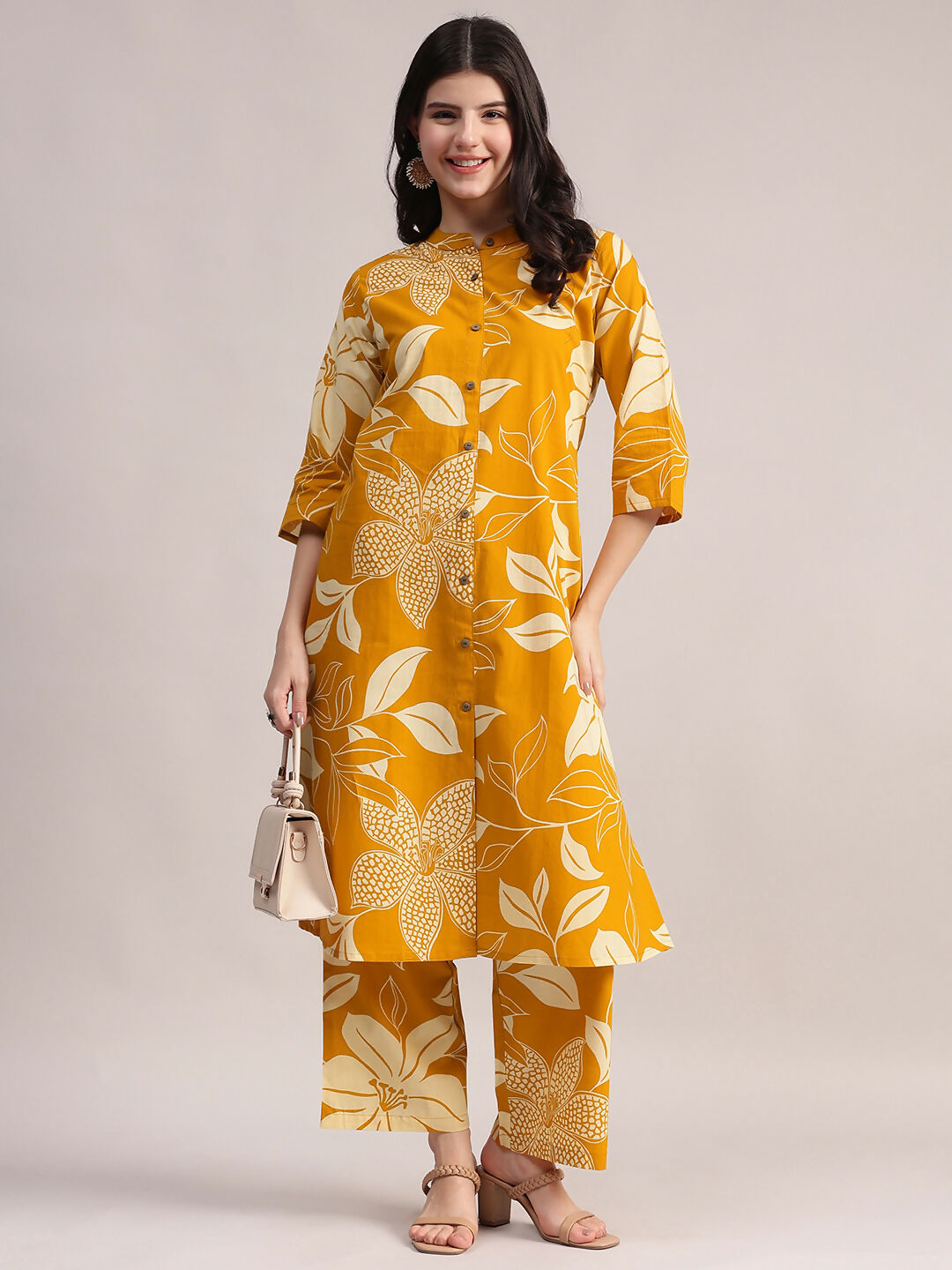Aavyora Women's Mustard Yellow & White Floral Printed Cotton Co-Ord Set - Swadesiicart