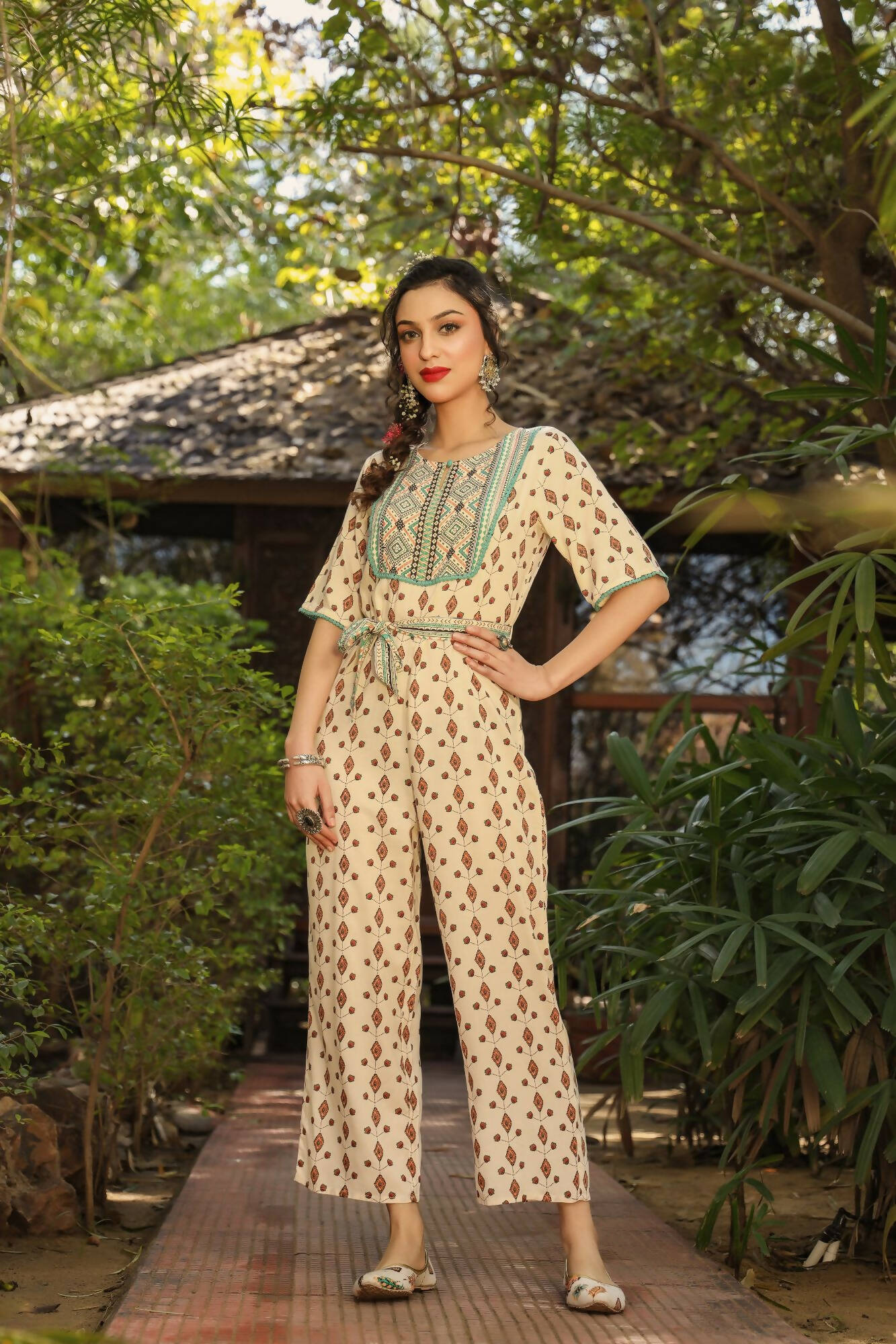 Juniper Women Ivory Rayon Printed Straight Jumpsuit - Swadesiicart