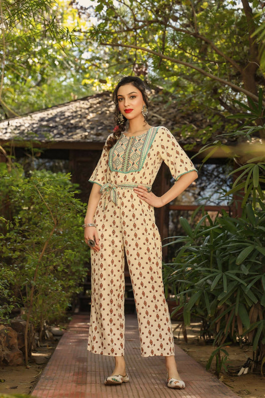 Juniper Women Ivory Rayon Printed Straight Jumpsuit - Swadesiicart