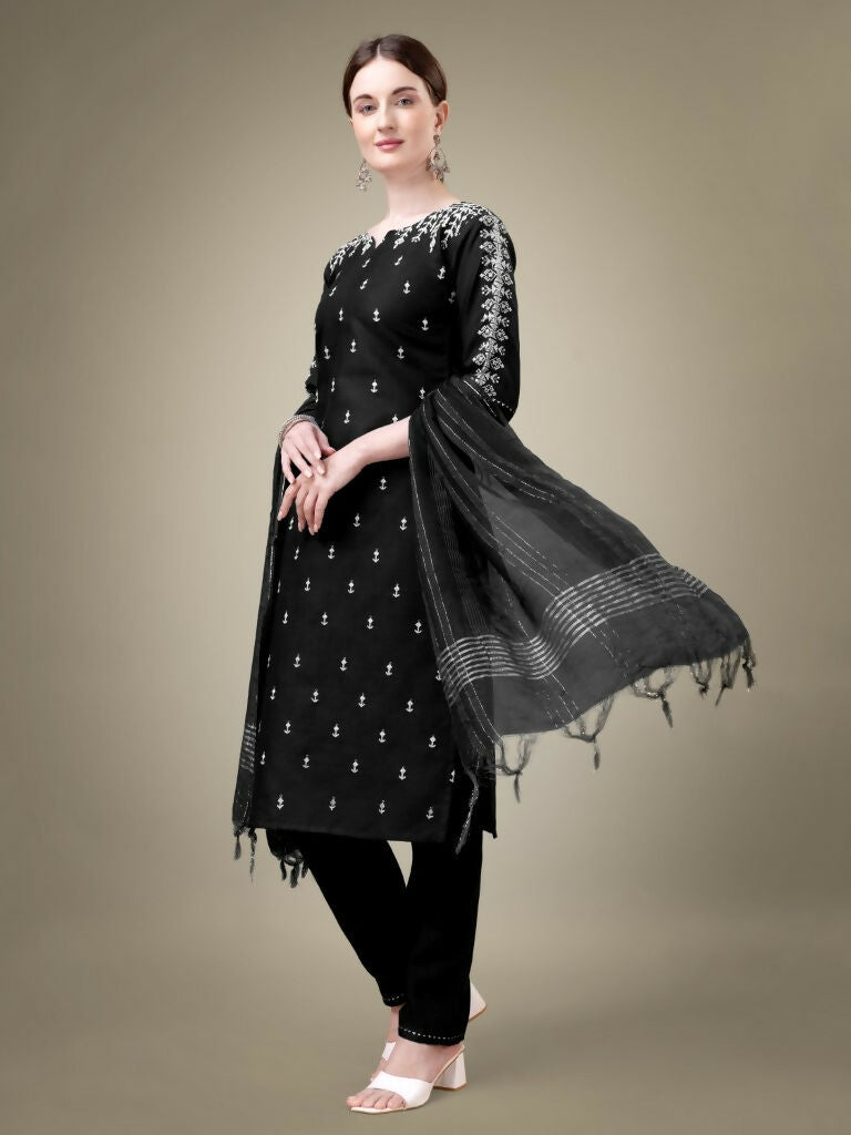 Jyoti Fashion Women's Black Cotton Blend Embroidery & Sequence work Kurta with Trouser & Dupatta | Swadesiicart