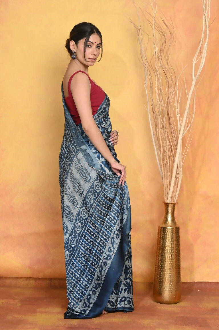 Very Much Indian Modal Silk Ajrakh Handblock Printed Natural Dyes Sleek Border Saree - Powder Blue | Swadesiicart