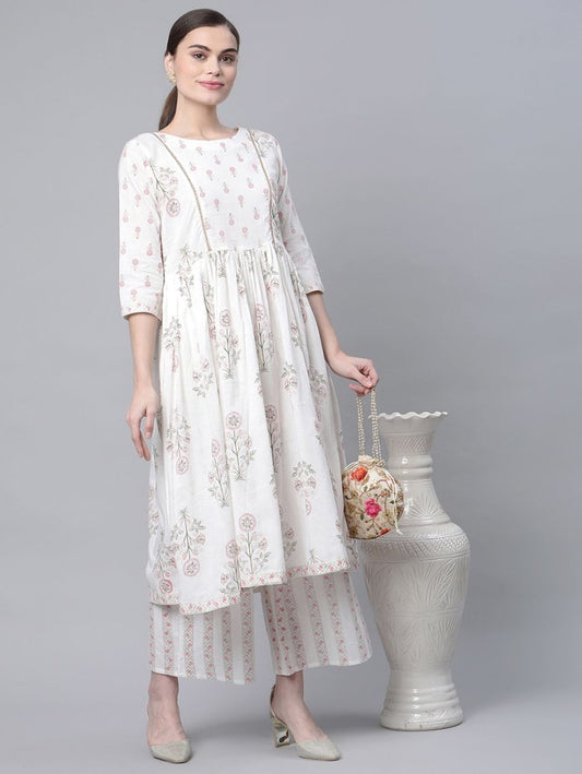 Ahalyaa Women's Off White Pure Cotton Printed Kurta Palazzo Set | Swadesiicart