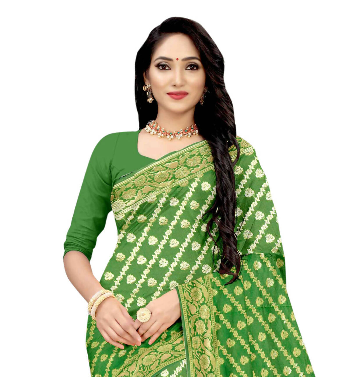 Vamika Green Weaving Banarasi Jacquard Saree | Swadesiicart