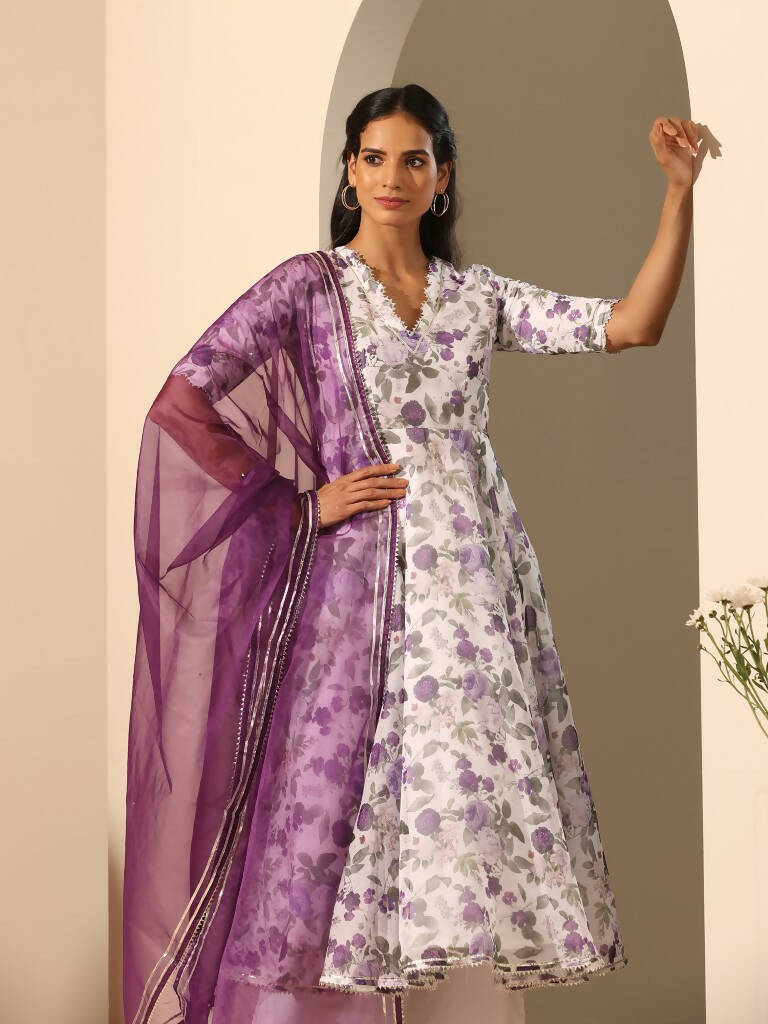 Pomcha Jaipur White Gul Jamini Anarkali Set | Swadesiicart
