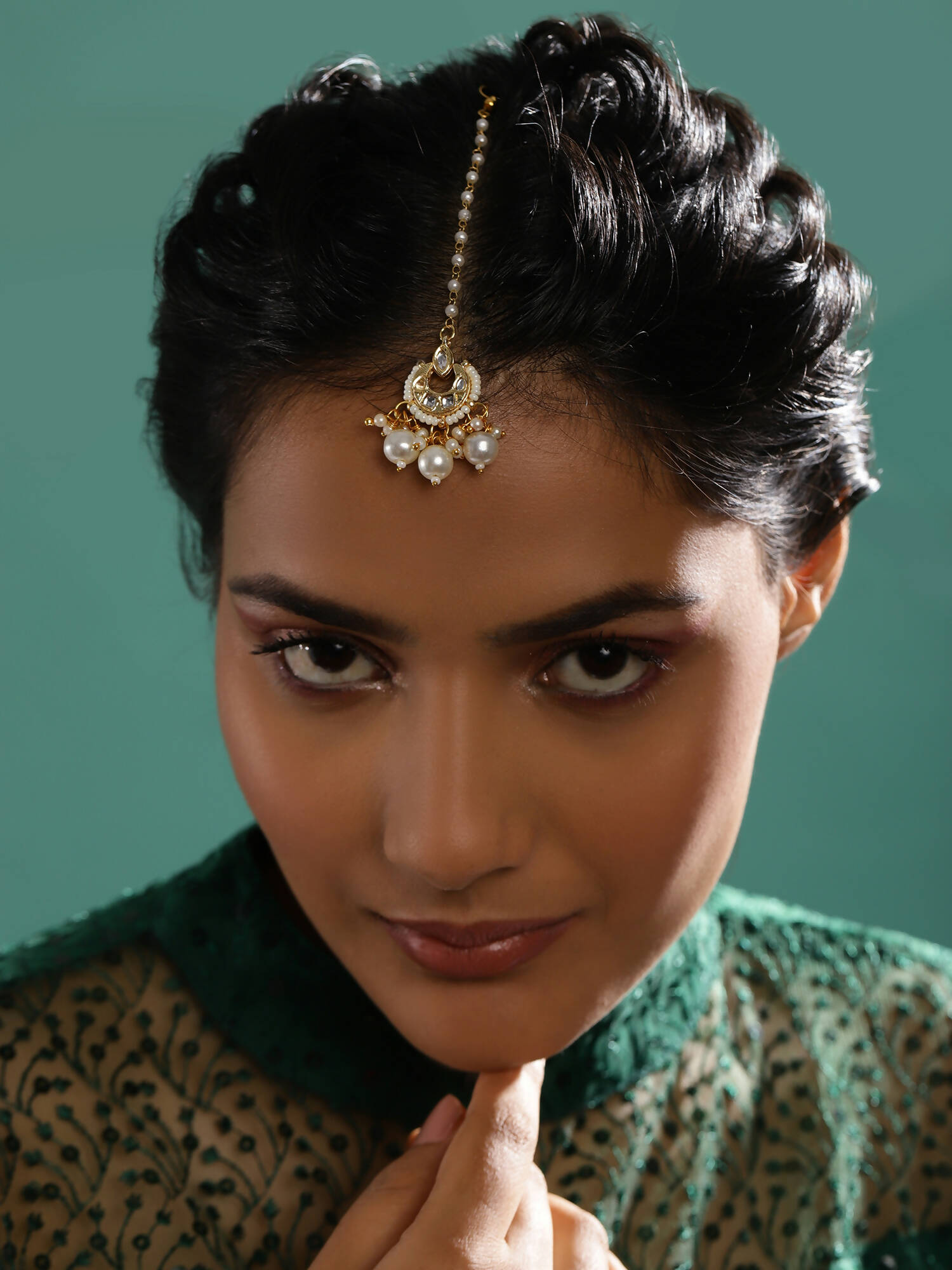 Gold-Polished White Kundan-Studded Beaded Layered Maang Tikka - Ruby Raang | Swadesiicart