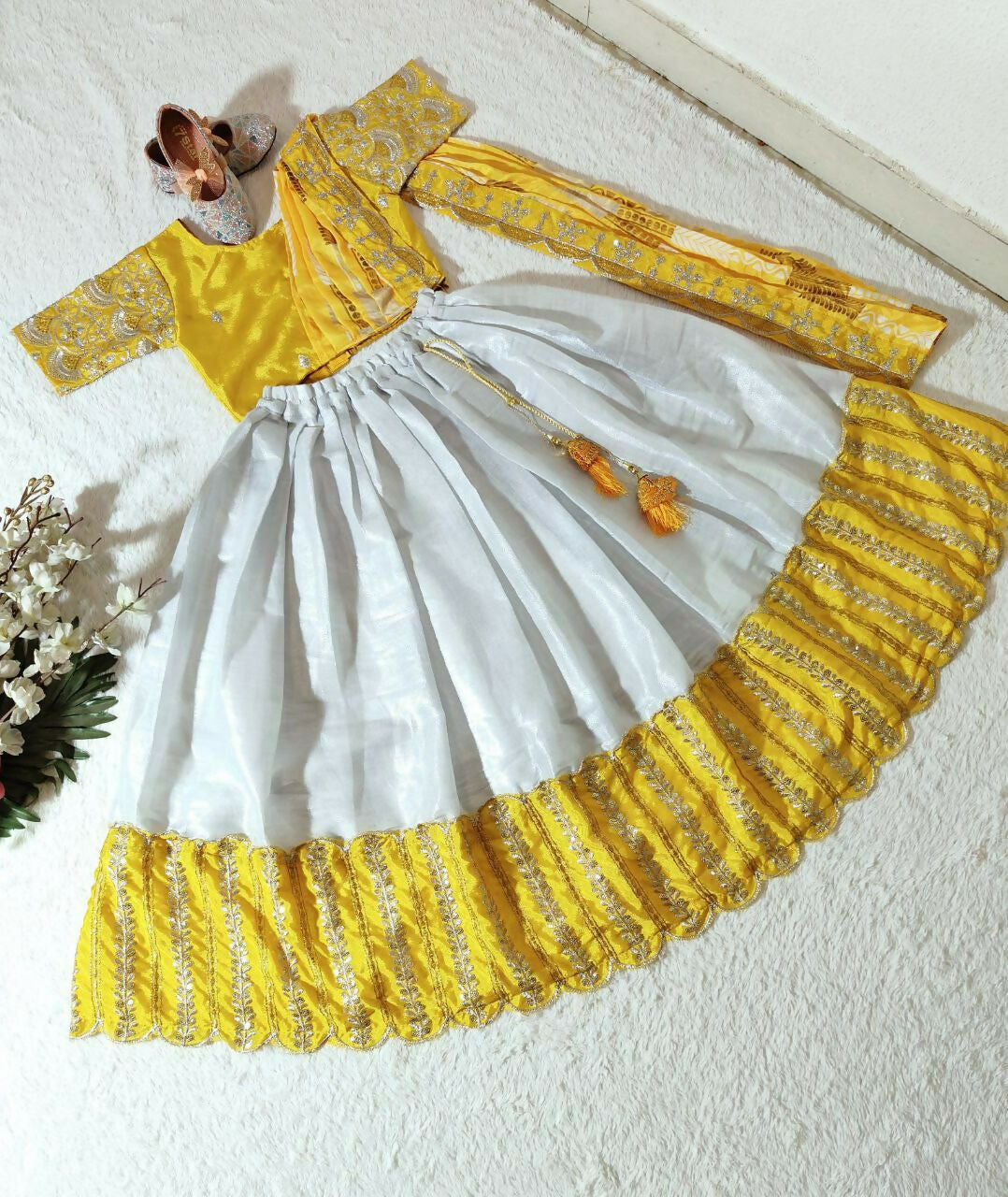 Jyoti Fashion Classy Yellow Heavy Chenille Sequins Embroidered Kids Lehenga Choli Set | Swadesiicart