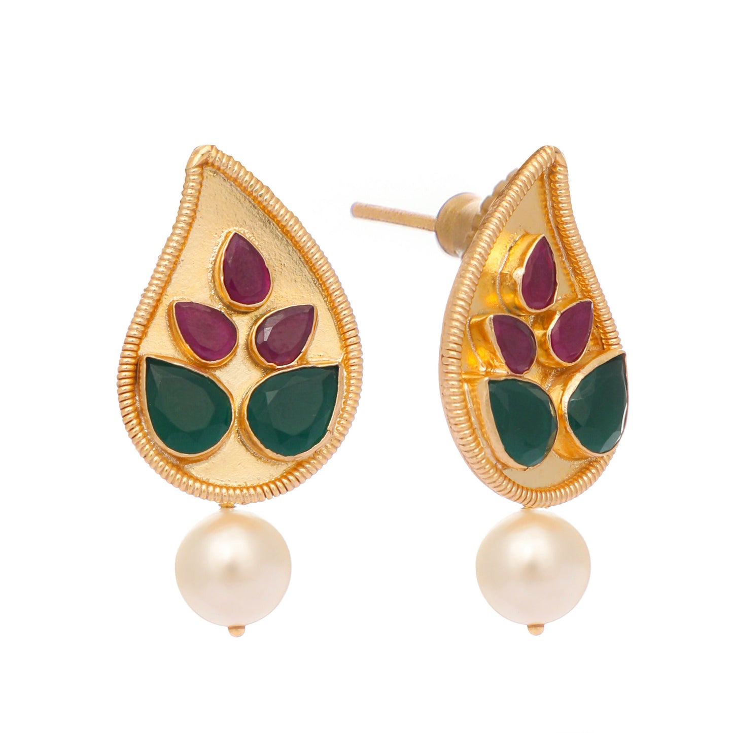 Nuyug 22K Gold Plated Emarald Stone Studded Contemporary Petal Shaped Pearl Drop Stud Earrings | Swadesiicart